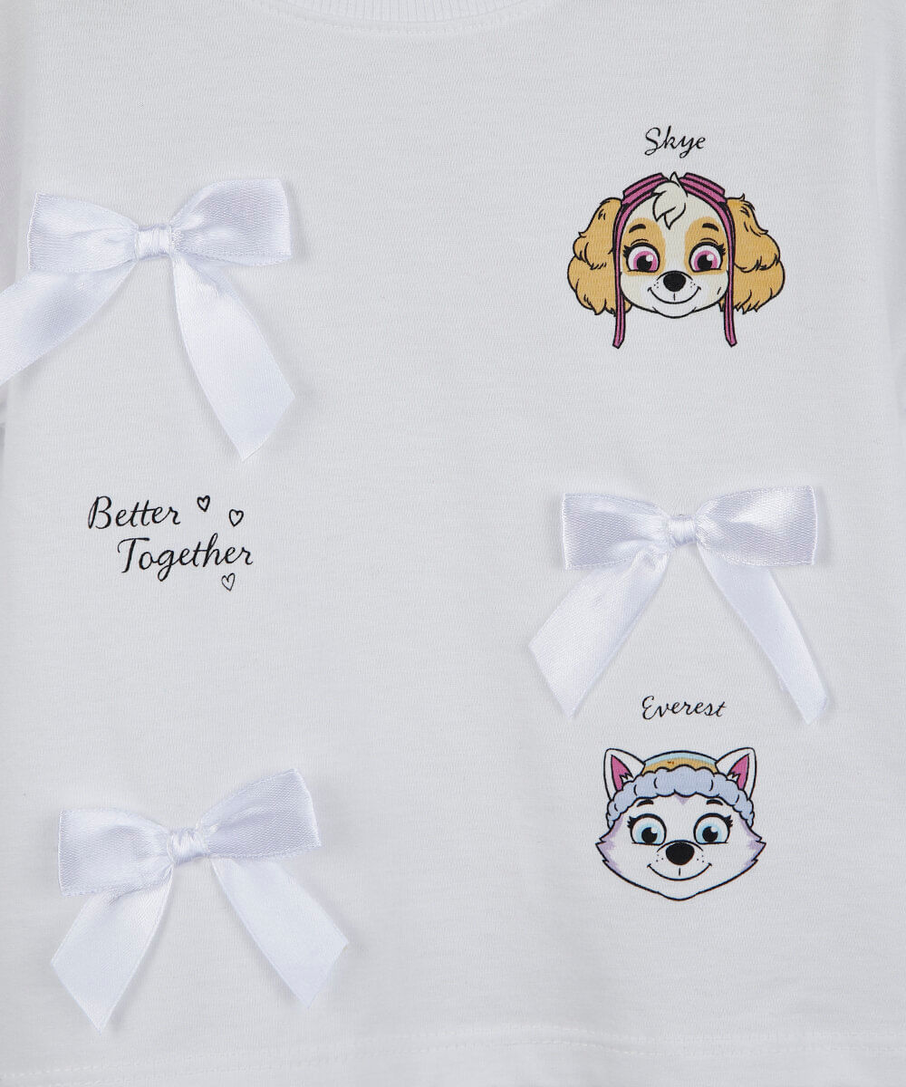 camiseta infantil de algodão patrulha canina com laços manga curta off white