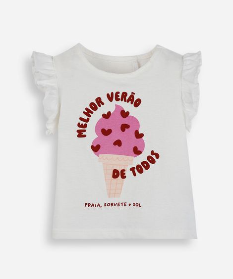 blusa infantil de algodão estampada com babado off white