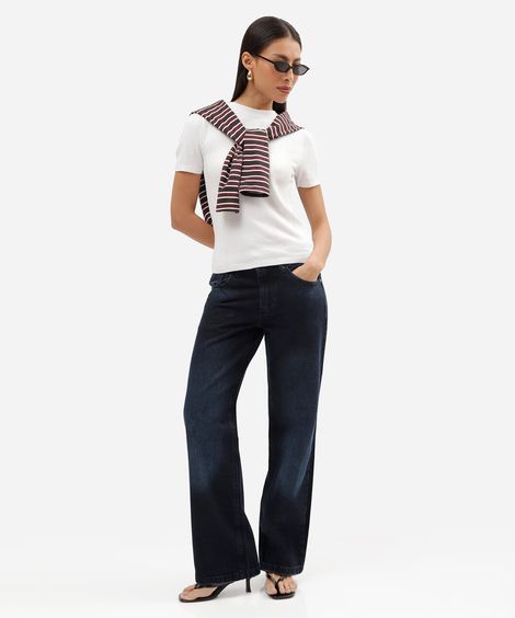 calça wide leg slim feminina jeans cintura baixa azul