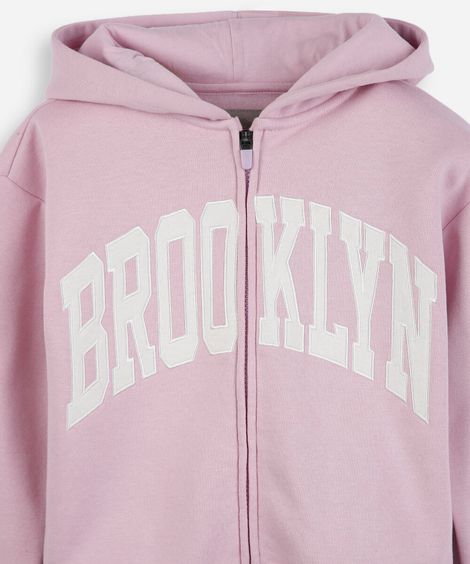 jaqueta infantil de moletom com capuz estampado rosa