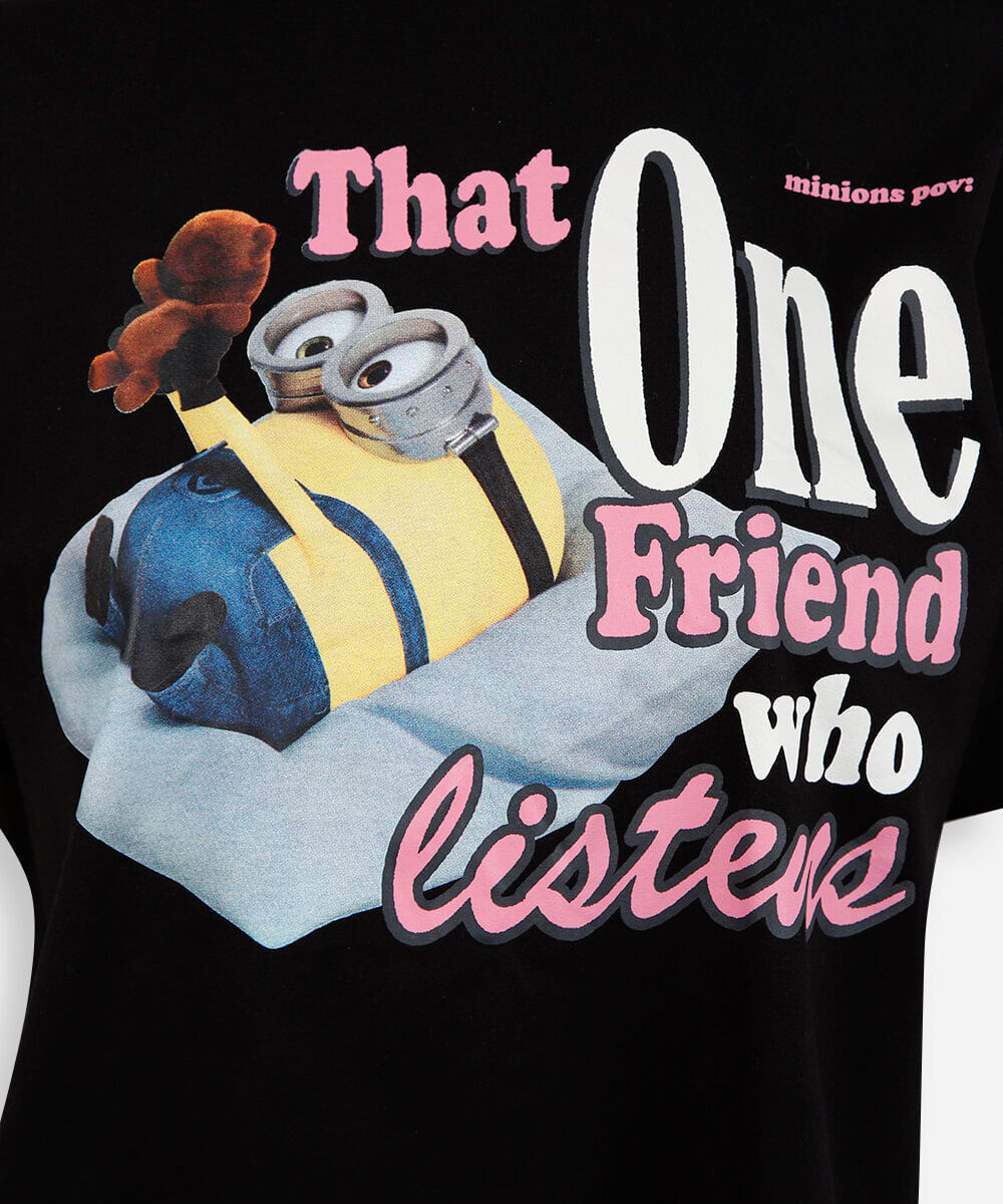 camiseta cropped juvenil de algodão minions manga curta preta