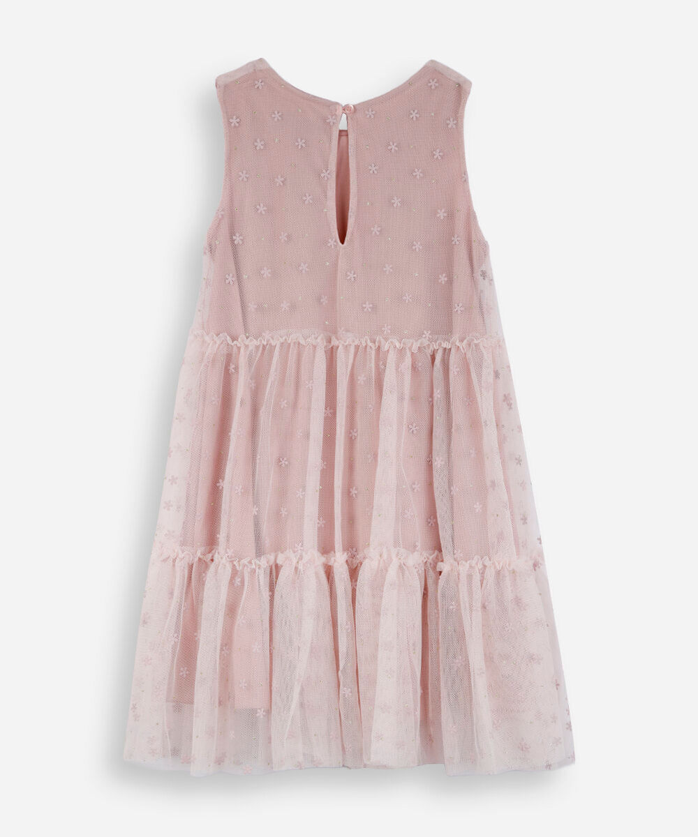 vestido infantil de tule com recortes floral rosa