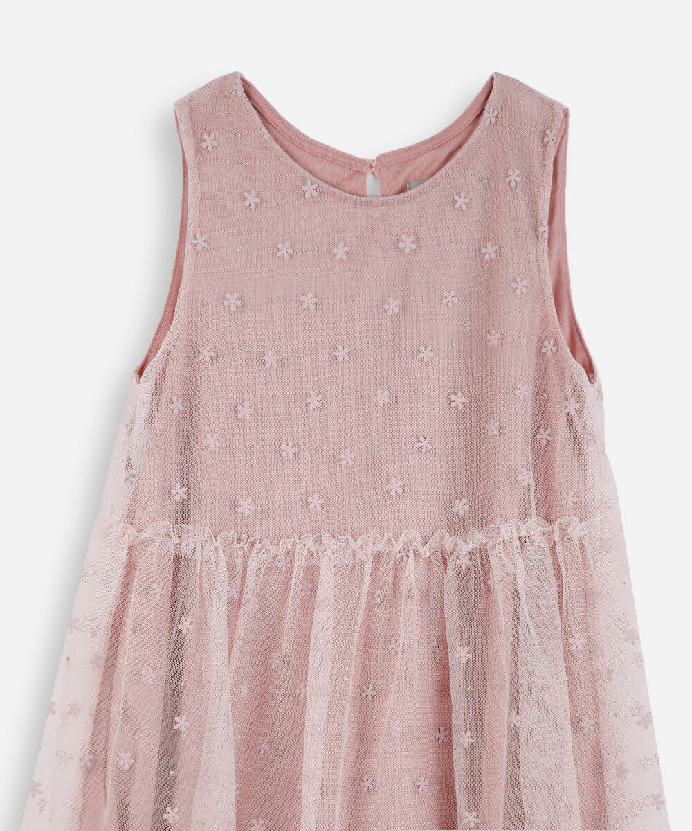 vestido infantil de tule com recortes floral rosa