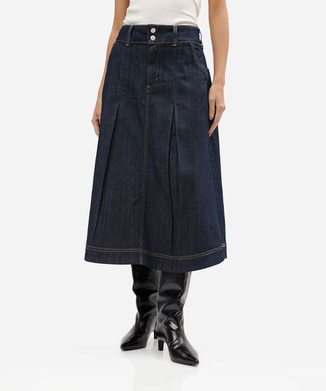 saia midi feminina jeans com pregas cintura alta azul