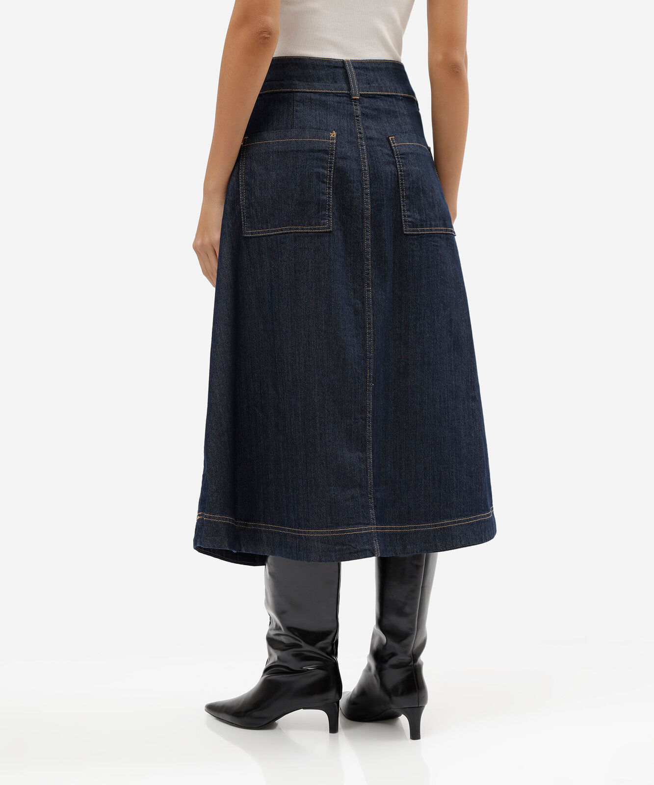 saia midi feminina jeans com pregas cintura alta azul