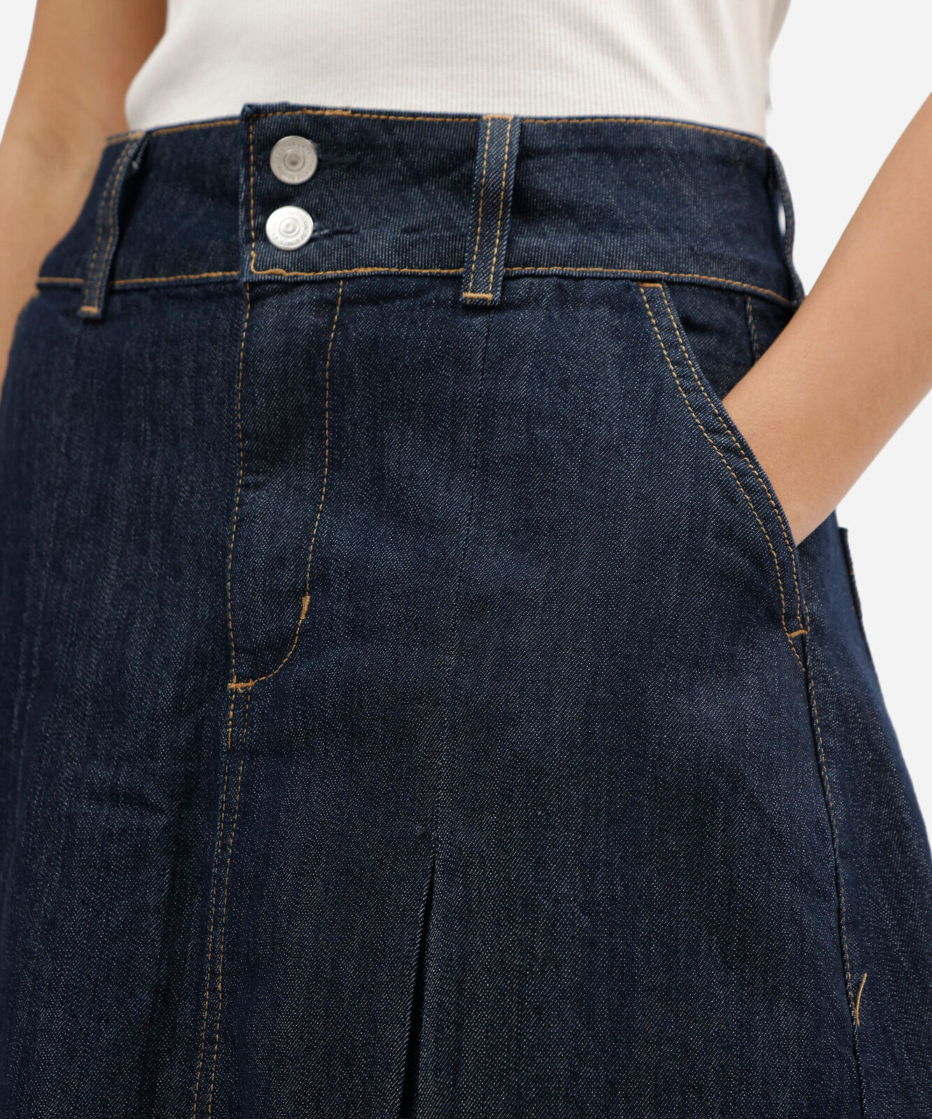 saia midi feminina jeans com pregas cintura alta azul