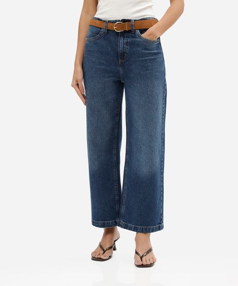 calça pantacourt feminina jeans cintura alta com cinto azul