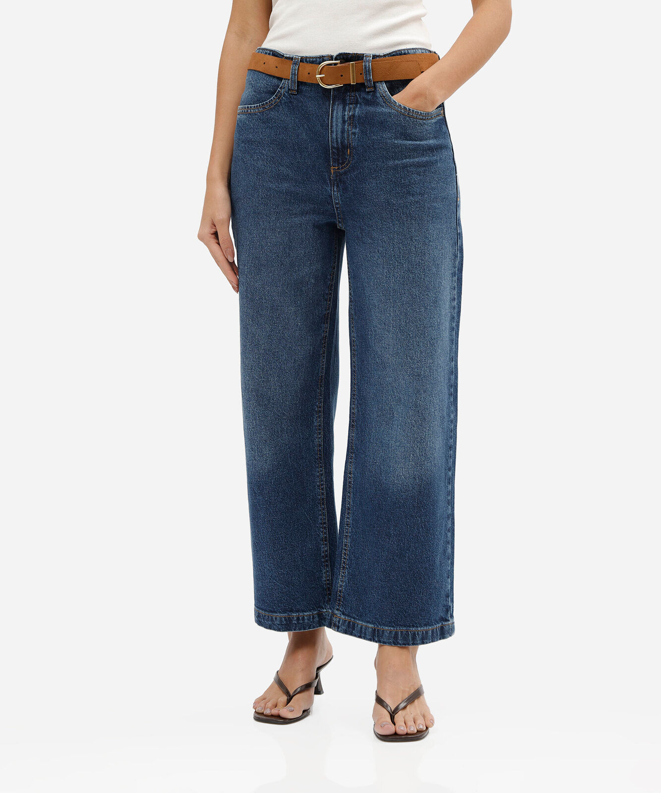 calça pantacourt feminina jeans cintura alta com cinto azul