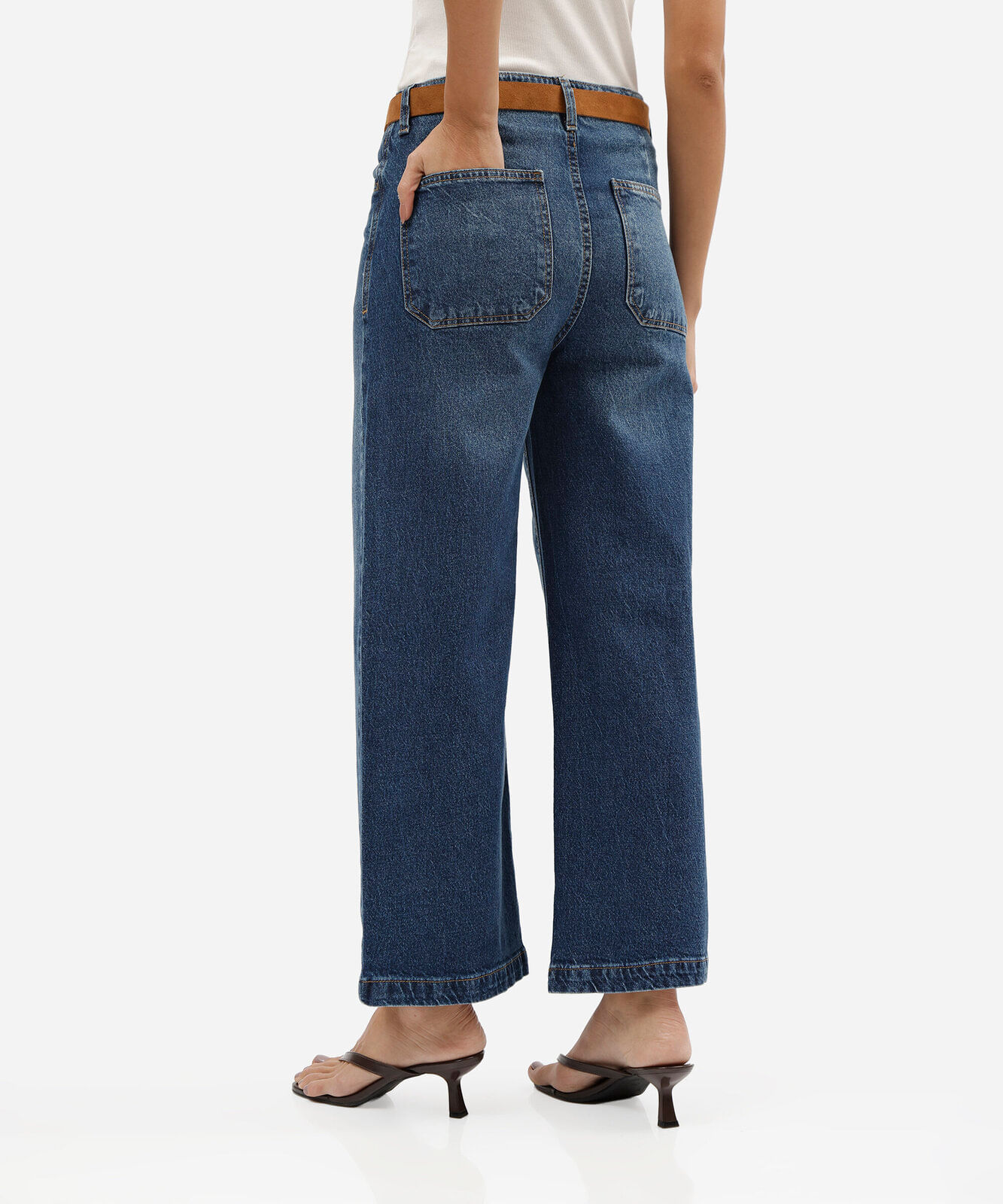 calça pantacourt feminina jeans cintura alta com cinto azul