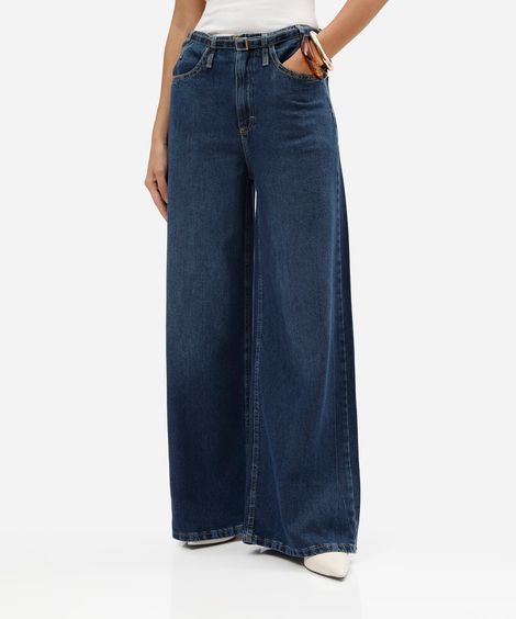 calça wide leg feminina jeans cintura média com cinto azul