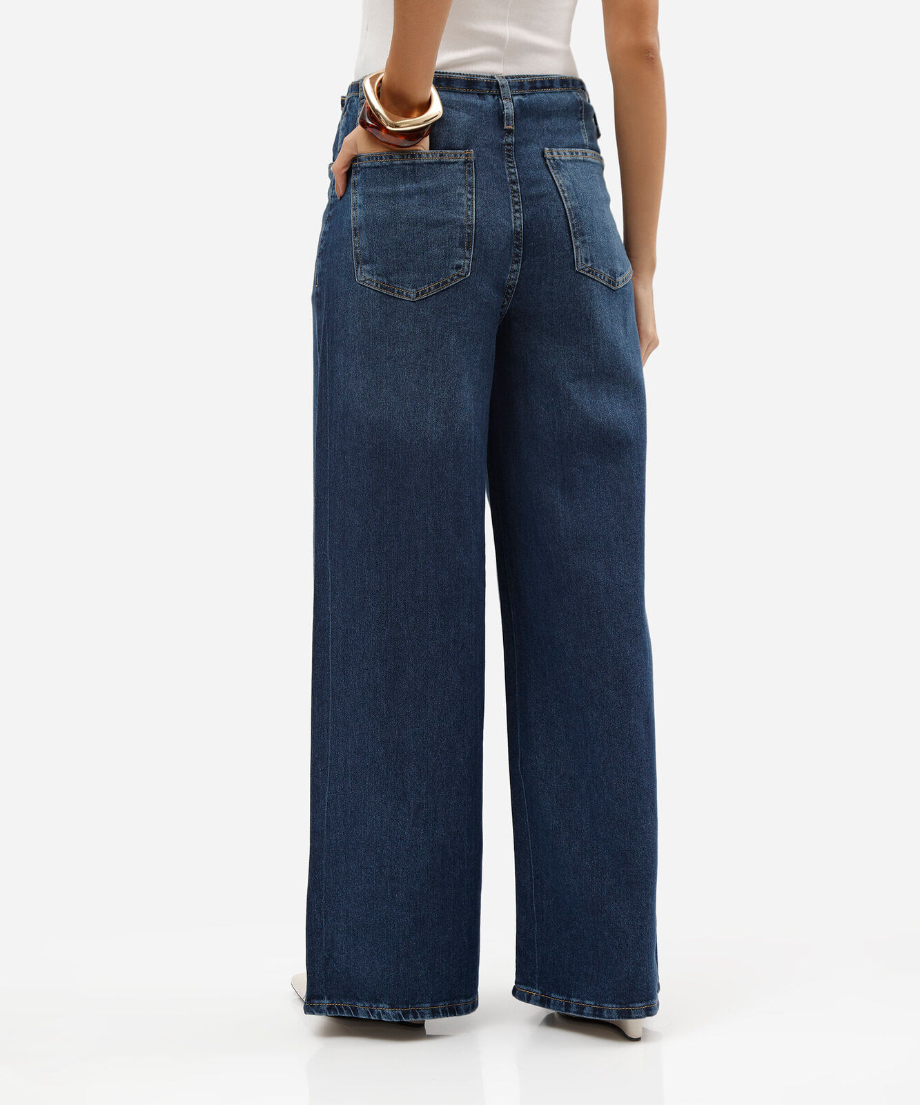 calça wide leg feminina jeans cintura média com cinto azul