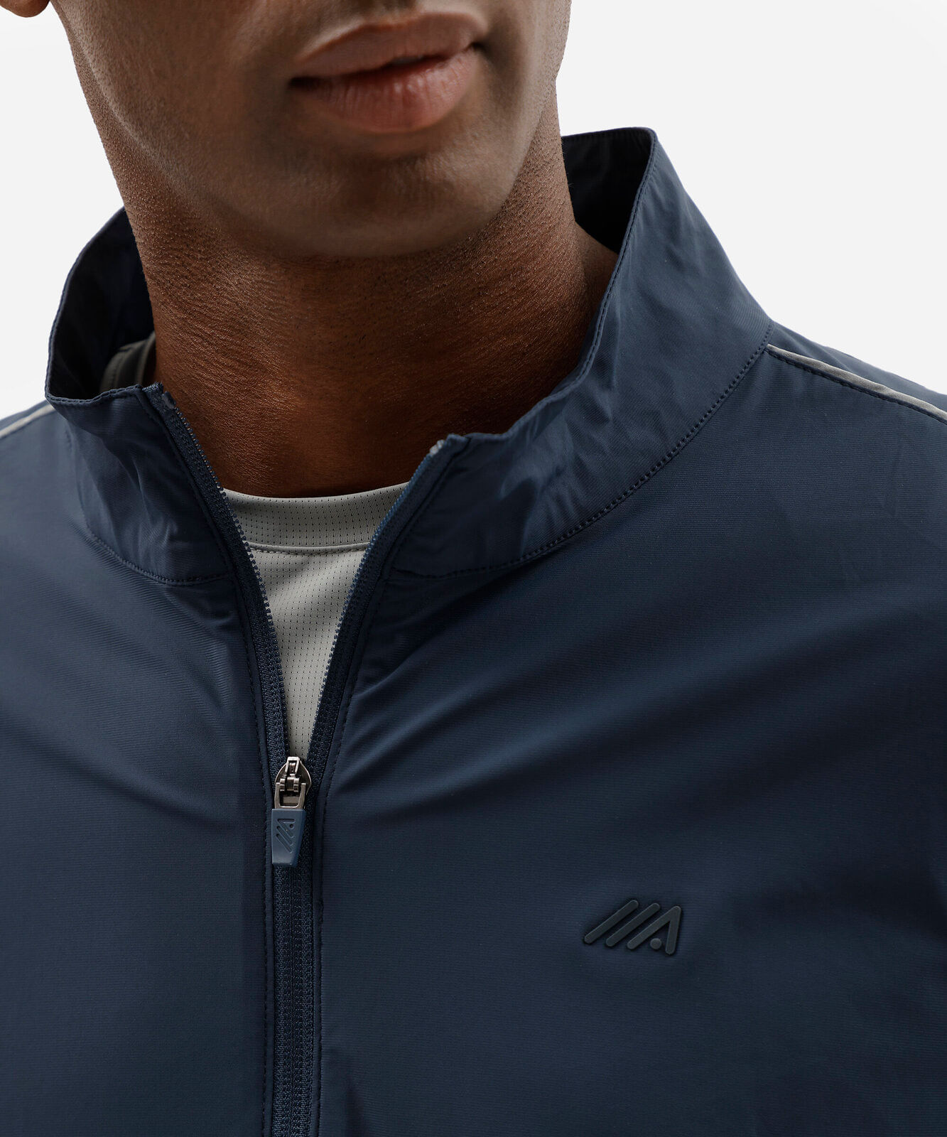 jaqueta esportiva masculina de poliamida gola alta com nervuras azul