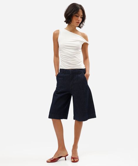 bermuda jorts feminina jeans com nervuras azul