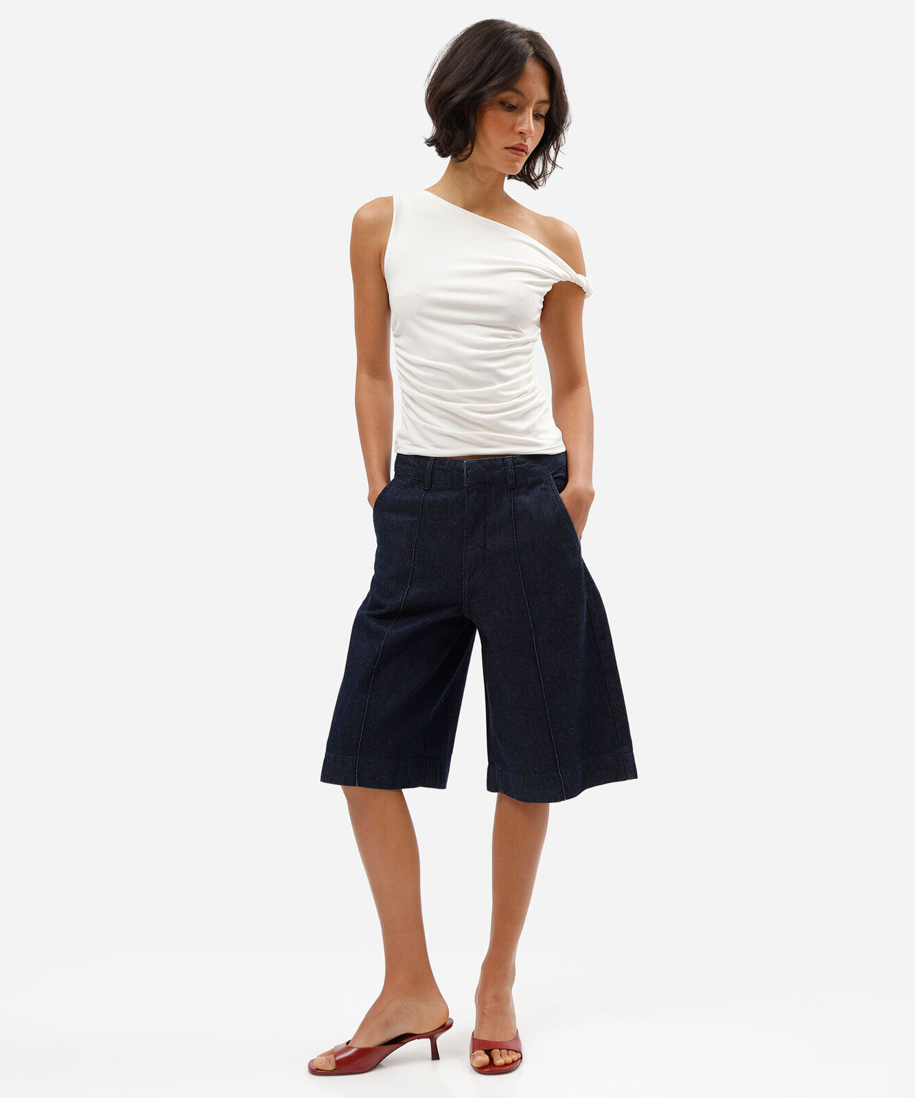 bermuda jorts feminina jeans com nervuras azul