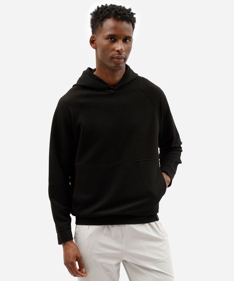 blusão oversized esportivo masculino de moletom com capuz e recorte canelado preto