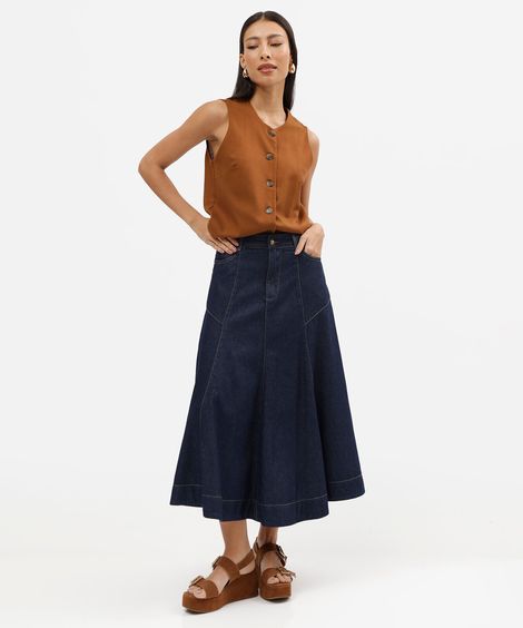 saia midi evasê feminina jeans com recortes cintura alta azul