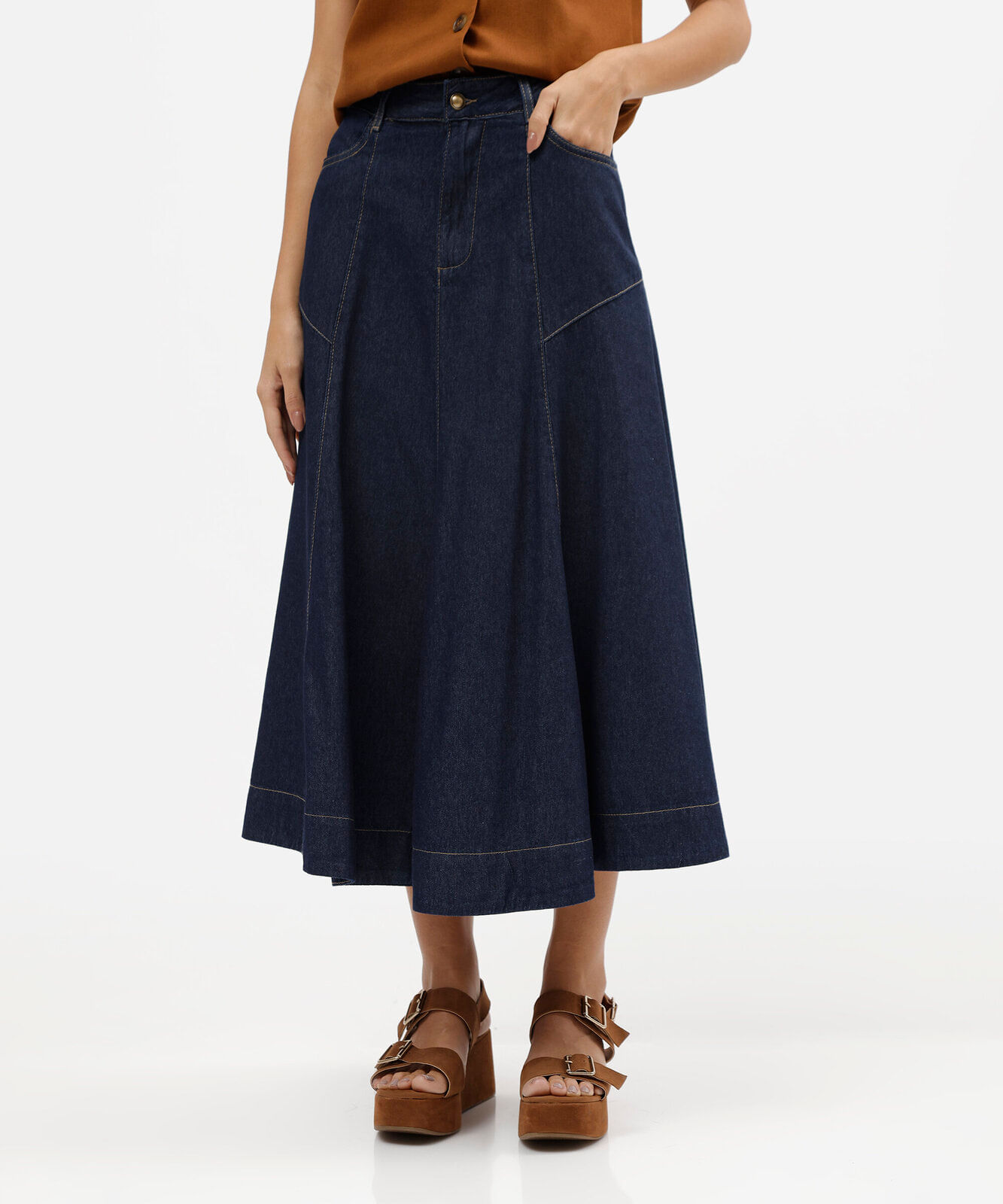 saia midi evasê feminina jeans com recortes cintura alta azul