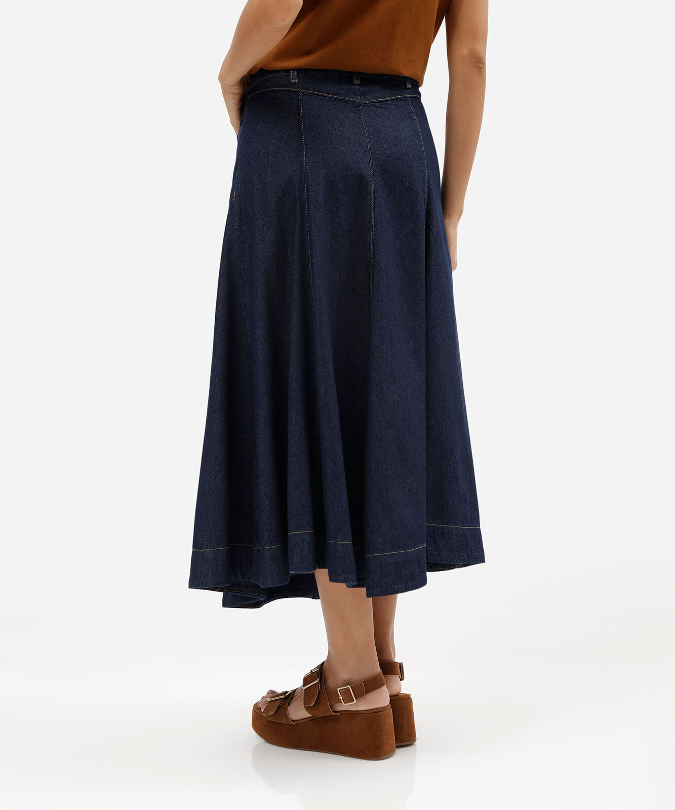 saia midi evasê feminina jeans com recortes cintura alta azul