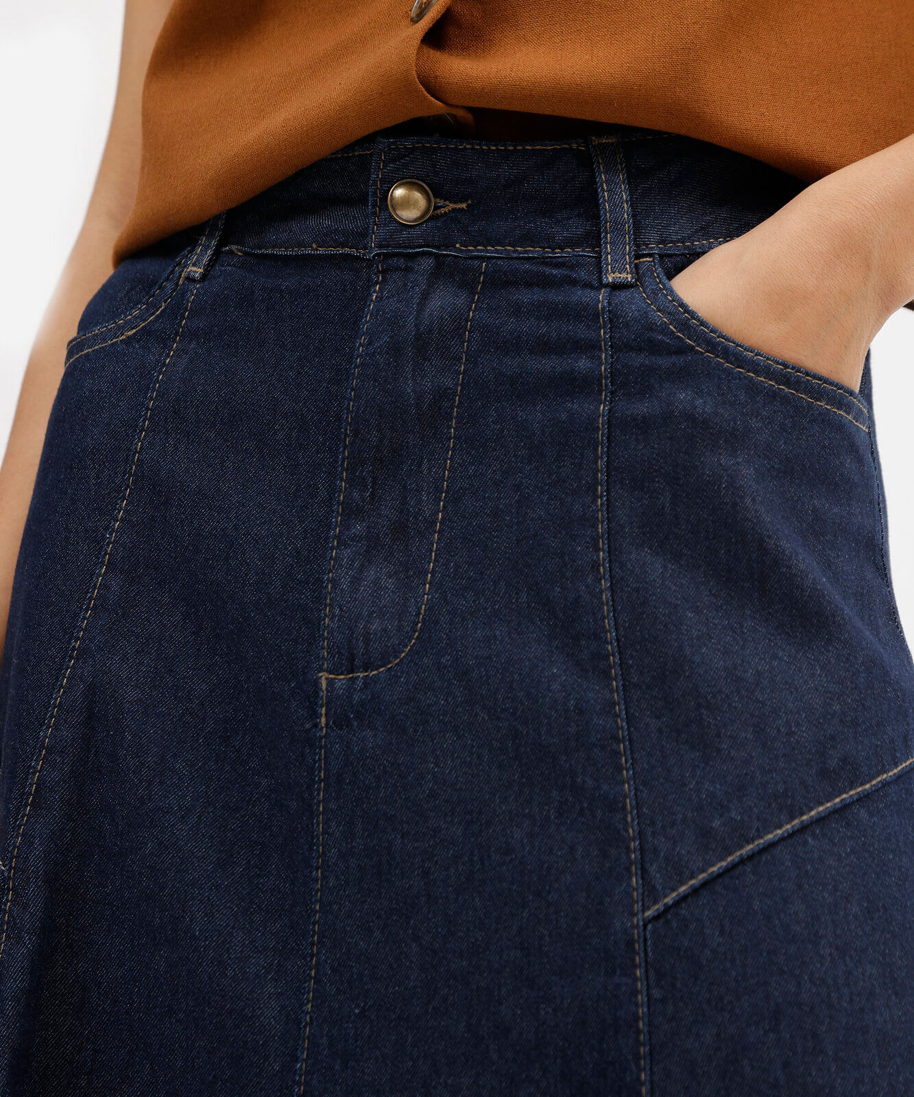saia midi evasê feminina jeans com recortes cintura alta azul