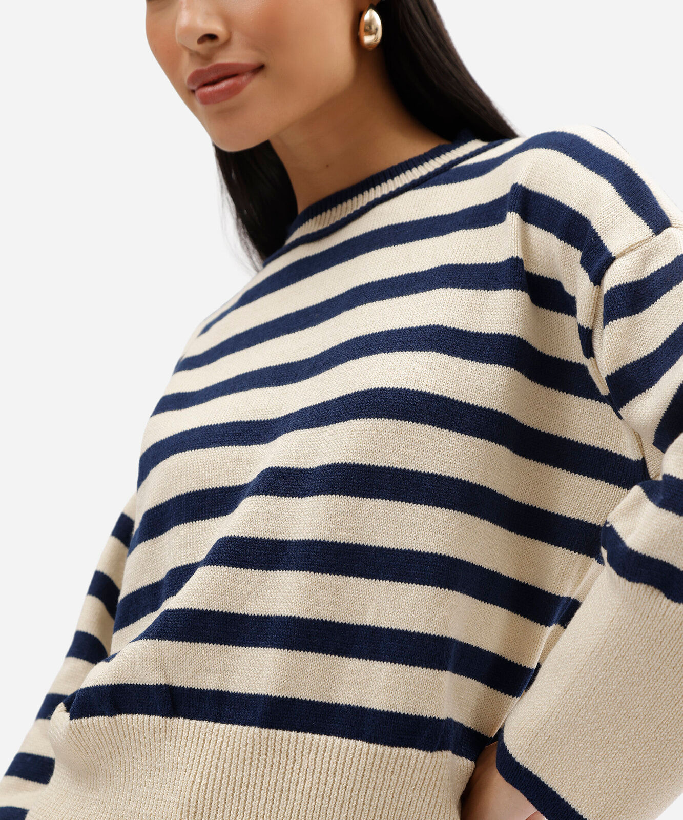 suéter feminino de tricô listrado com manga ampla azul