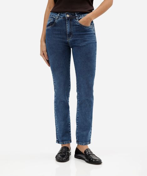 calça reta feminina jeans cintura alta sawary azul