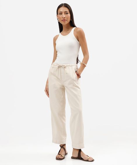 calça clochard feminina de sarja cós elástico bege