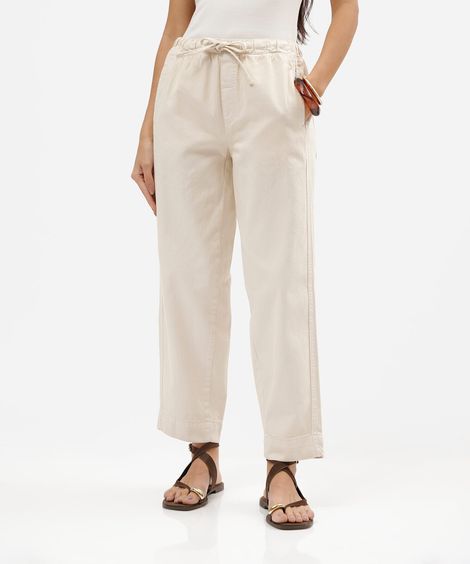 calça clochard feminina de sarja cós elástico bege