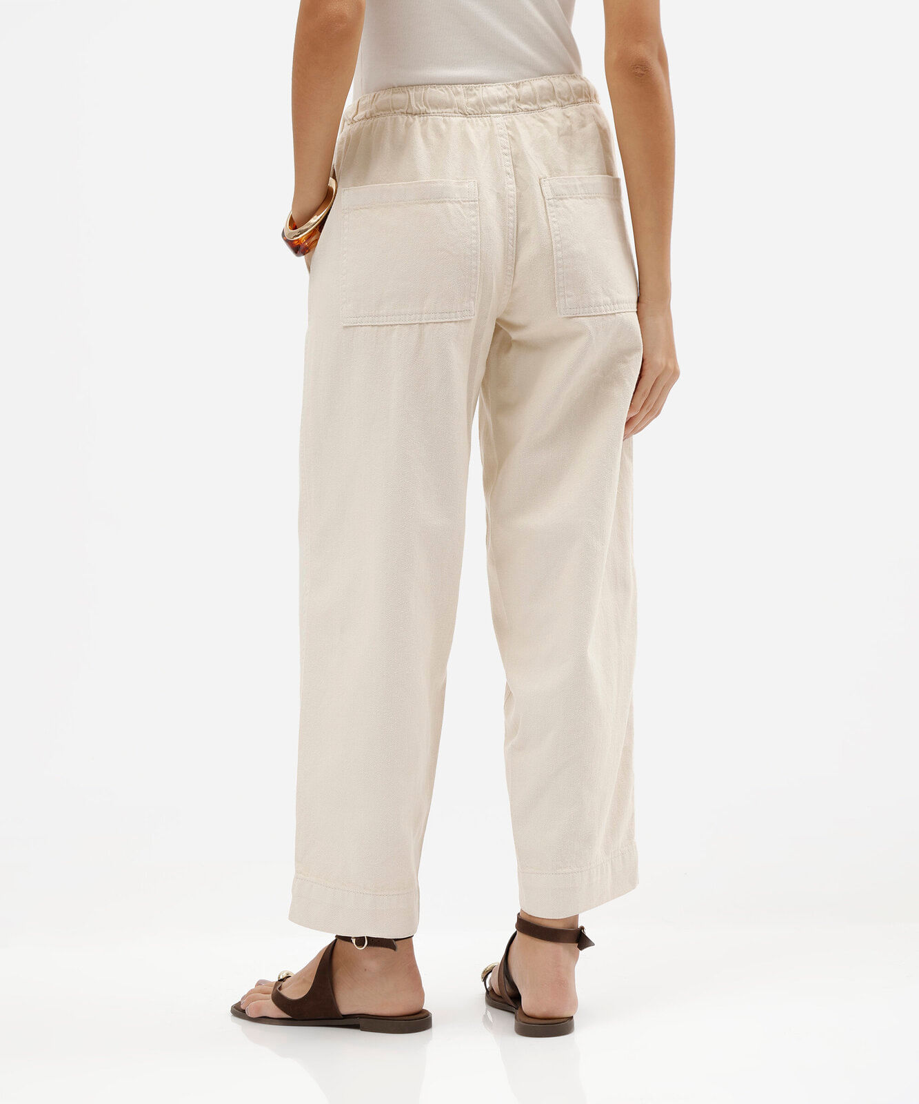 calça clochard feminina de sarja cós elástico bege