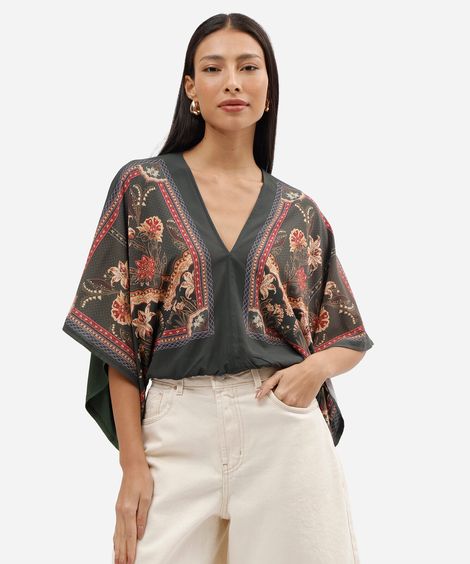 bata feminina com viscose decote v manga curta floral verde