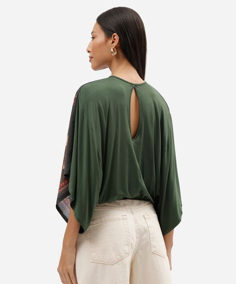 bata feminina com viscose decote v manga curta floral verde