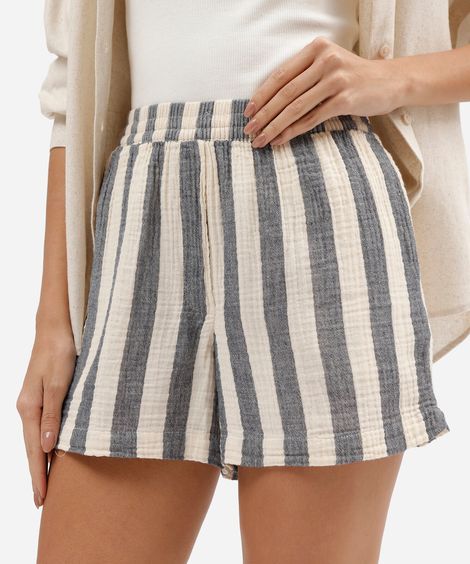 short feminino de algodão cós elástico listrado texturizado azul
