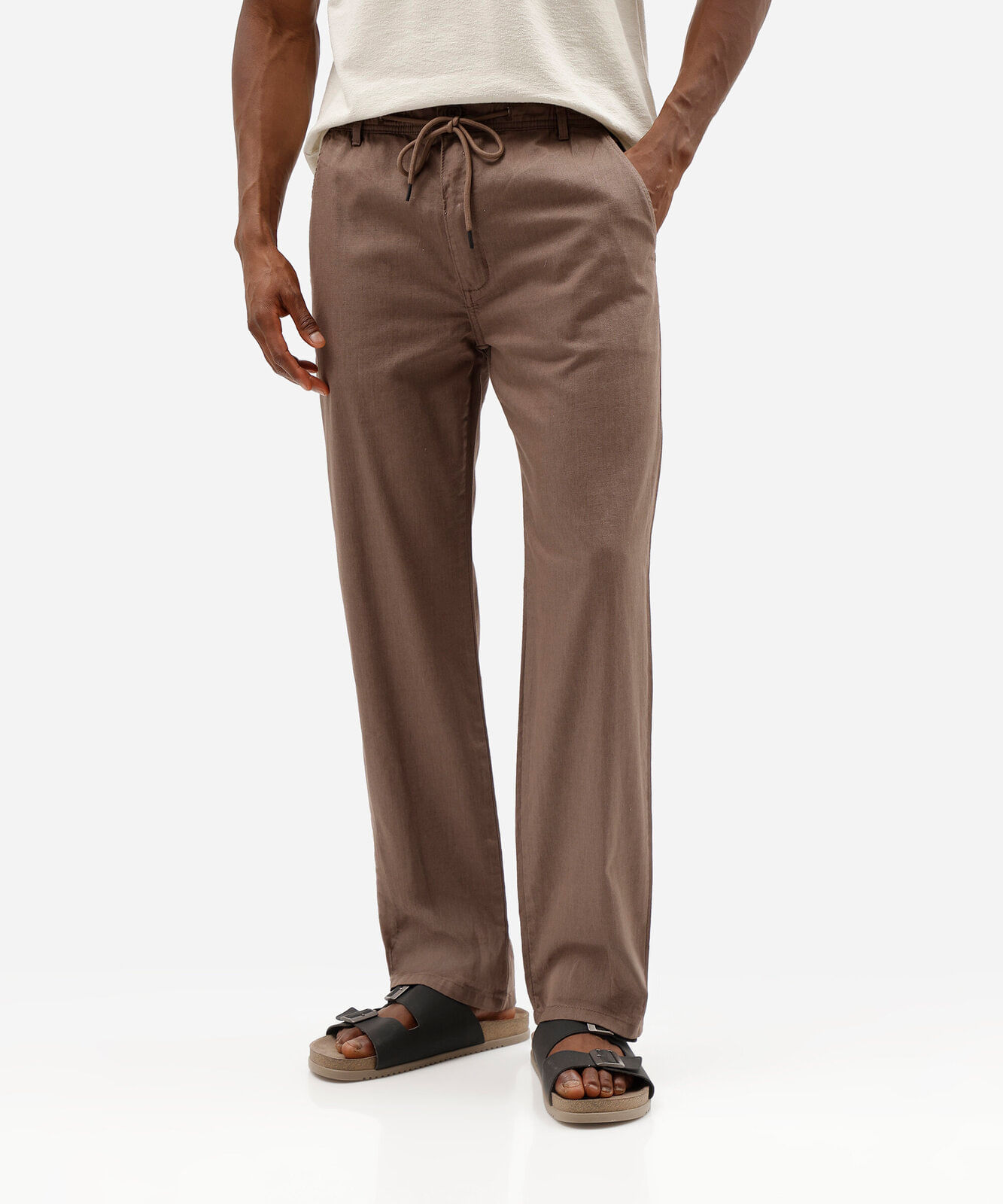 calça reta masculina de sarja cós elástico marrom