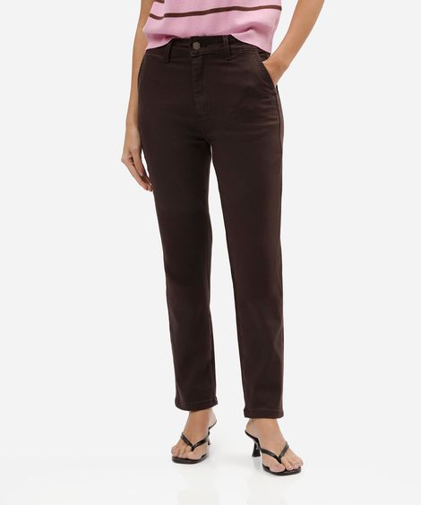 calça reta feminina de sarja cintura alta marrom