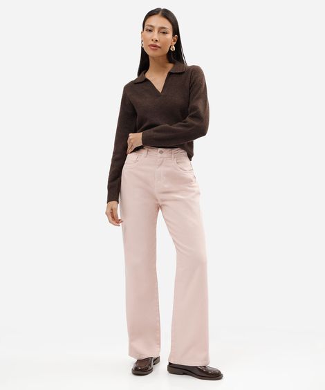 calça wide leg slim feminina de sarja cintura alta rosa