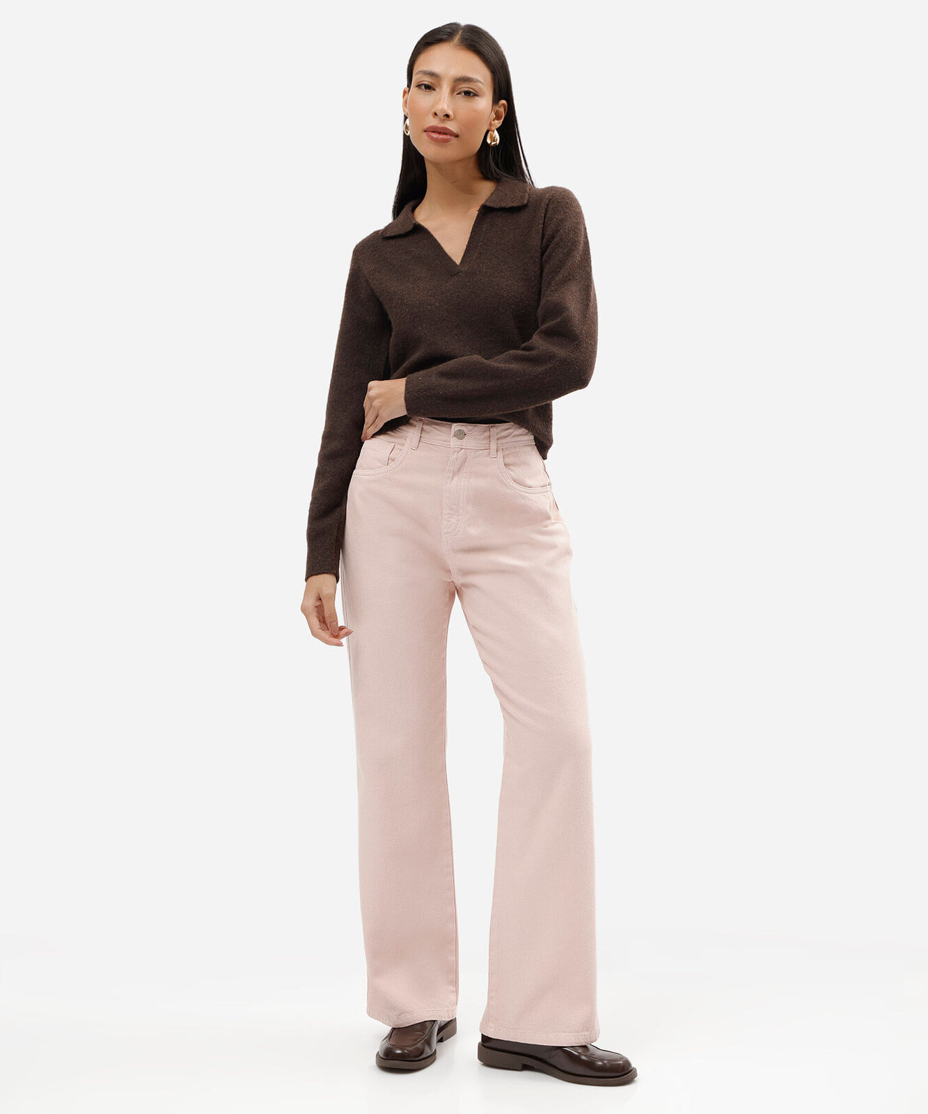 calça wide leg slim feminina de sarja cintura alta rosa