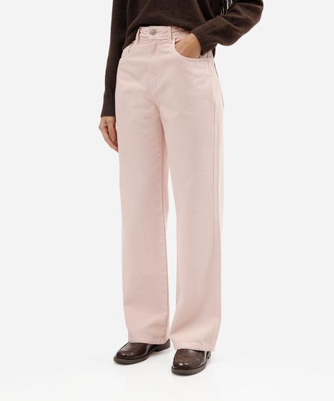 calça wide leg slim feminina de sarja cintura alta rosa