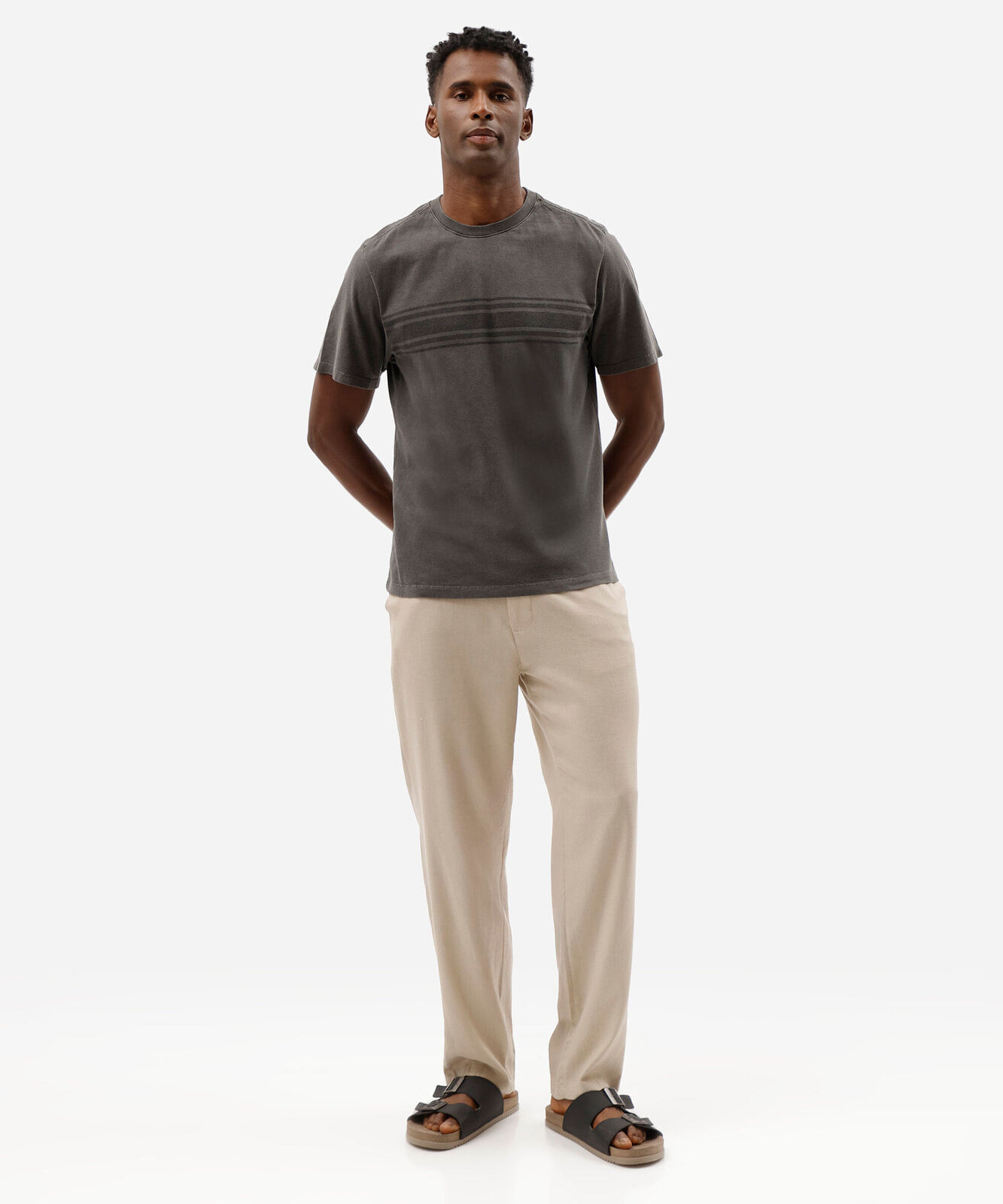 camiseta masculina comfort de algodão estonada com listras preta