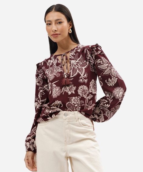 bata feminina de viscose manga longa floral vinho