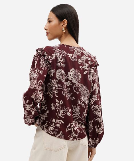 bata feminina de viscose manga longa floral vinho