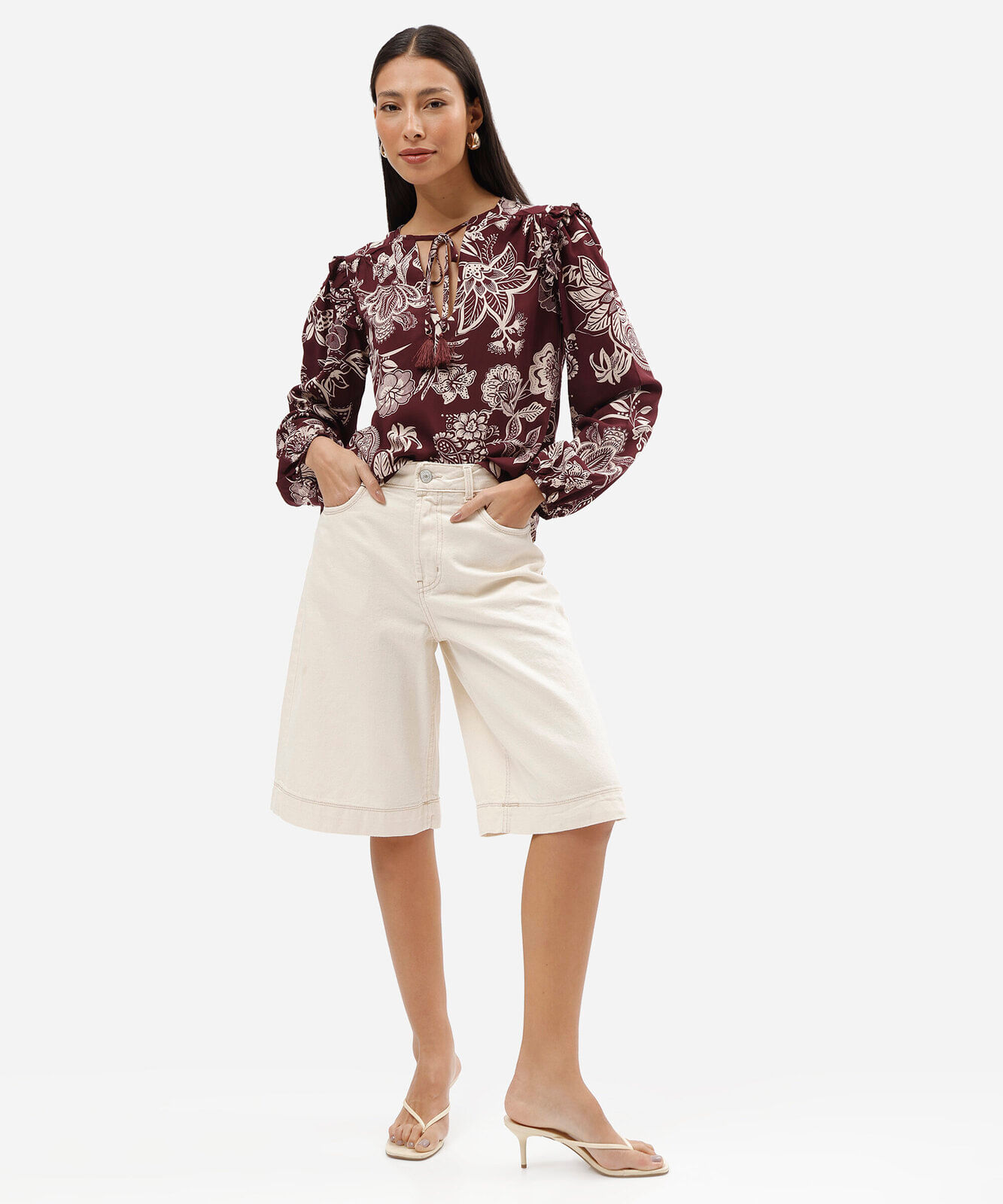 bata feminina de viscose manga longa floral vinho