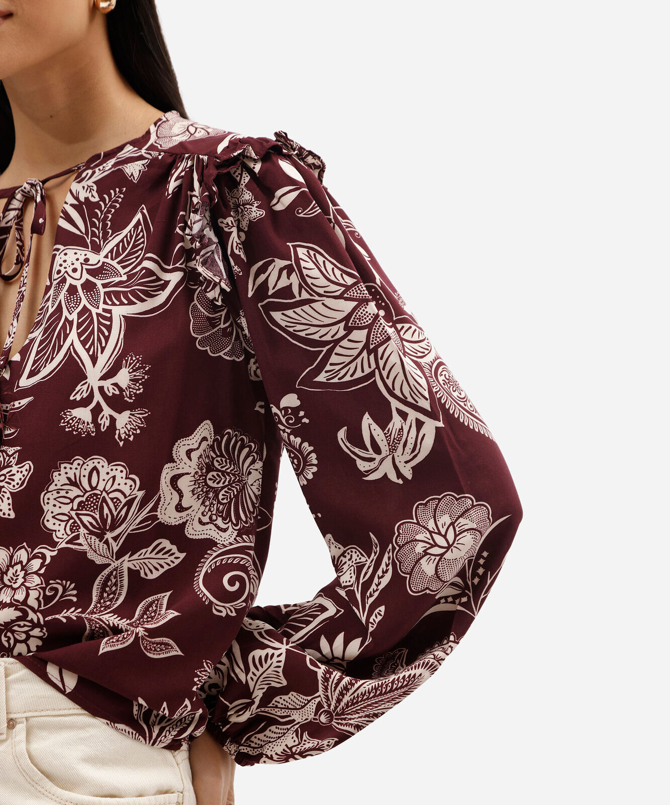 bata feminina de viscose manga longa floral vinho