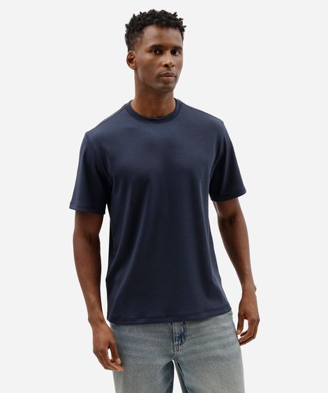 camiseta masculina comfort de malha interlock lisa azul