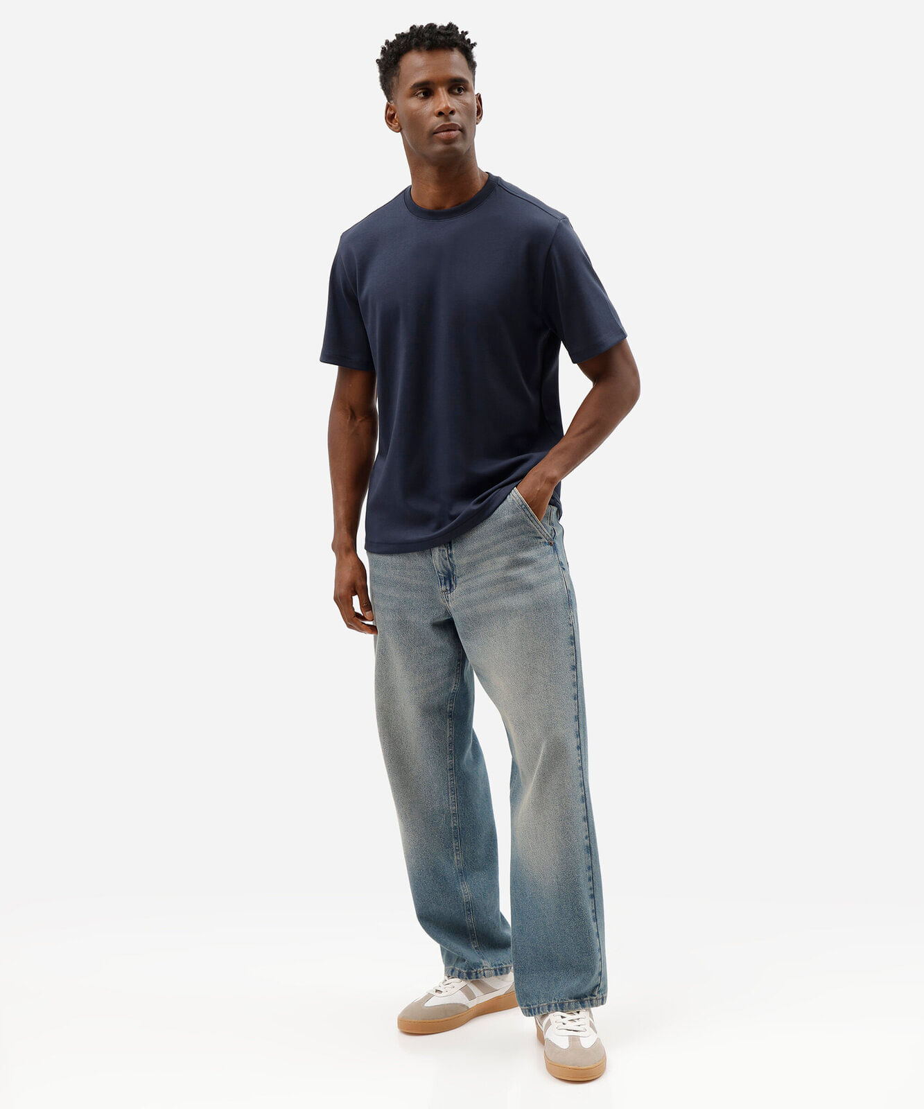 camiseta masculina comfort de malha interlock lisa azul