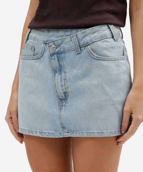 minissaia feminina jeans cintura média cós deslocado azul