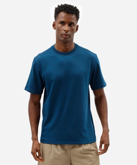 camiseta masculina comfort de malha interlock lisa azul