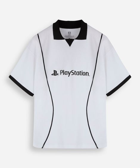 camiseta juvenil com gola e nervuras manga curta playstation off white