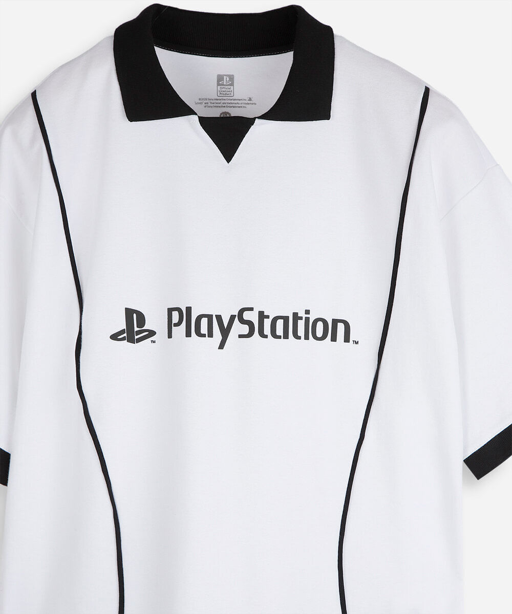 camiseta juvenil com gola e nervuras manga curta playstation off white