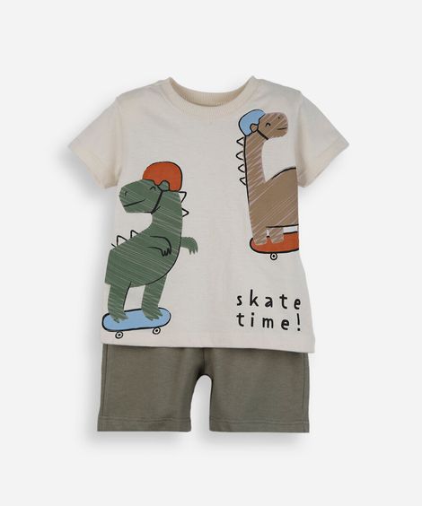 conjunto curto infantil de algodão dino off white