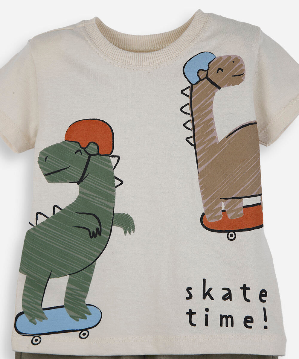 conjunto curto infantil de algodão dino off white