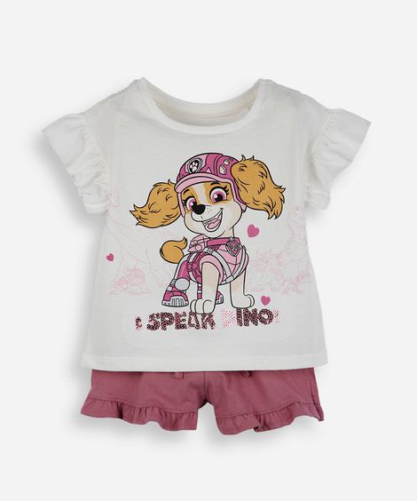 conjunto curto infantil de algodão patrulha canina off white